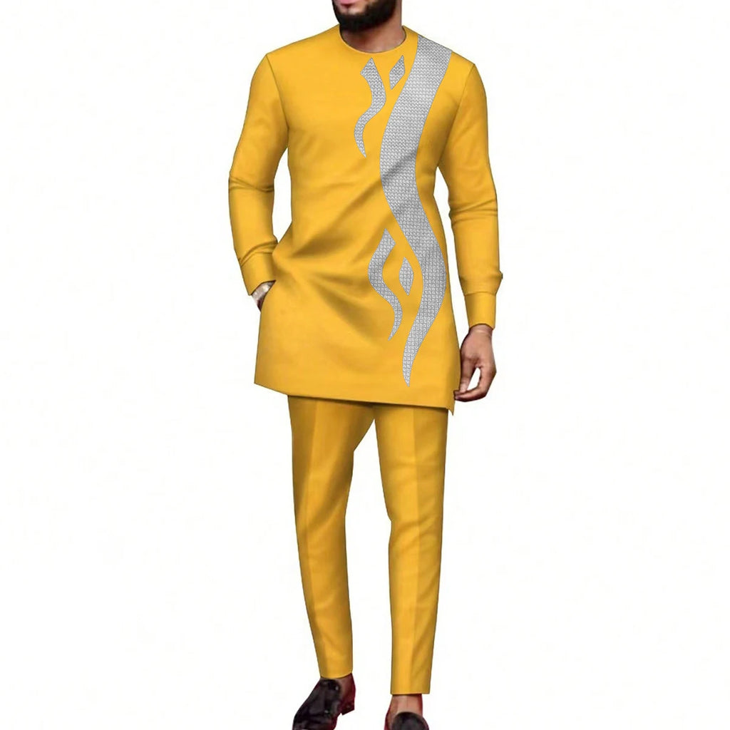 2024 Luxury Men's Suit Set Kaunda Suit Tuxedo Outfits Pocket Top Pants African Ethnic Wedding Gentleman 2pcs Sets Suit Outfits