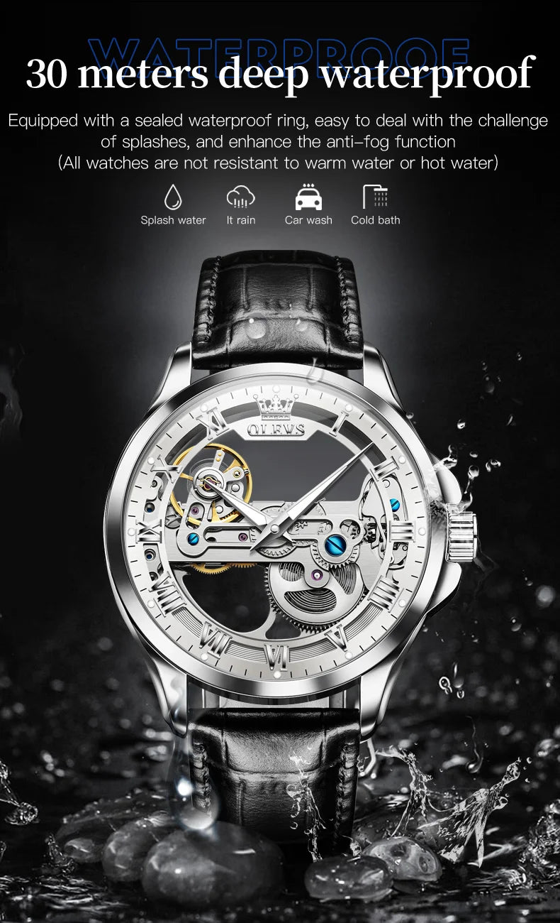 OLEVS Couple Watches Original Fully Transparent Skeleton Automatic Mechanical Watches For Men Women Lover's Gift Luxury Watches