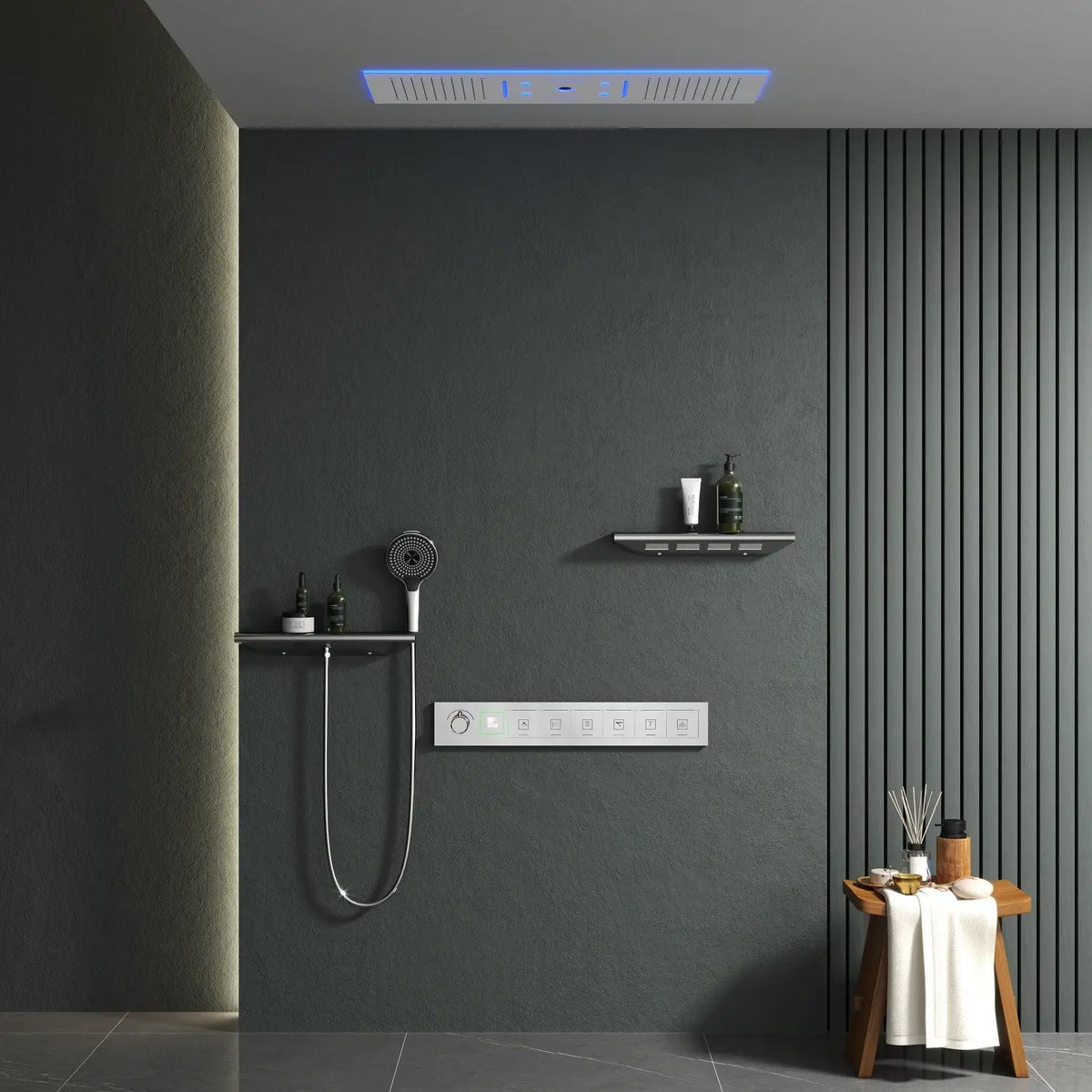 Rainfall LED Bluetooth Shower Set with Digital Display and Thermostatic Control All Brass Buttons