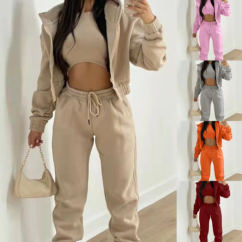 Women's Casual Three-Piece Set: Spring/Autumn European and American Style Fleece Hooded Sweatshirt and Sportswear
