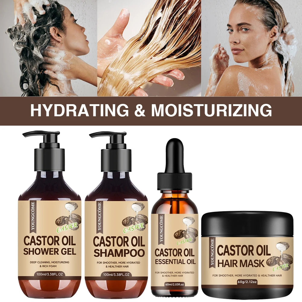 YOUNGCOME Castor Oil Hair Care Set: 3.38oz Shampoo, 3.38oz Shower Gel, 2.03oz Essential Oil, 2.12oz Hair Mask for Hair