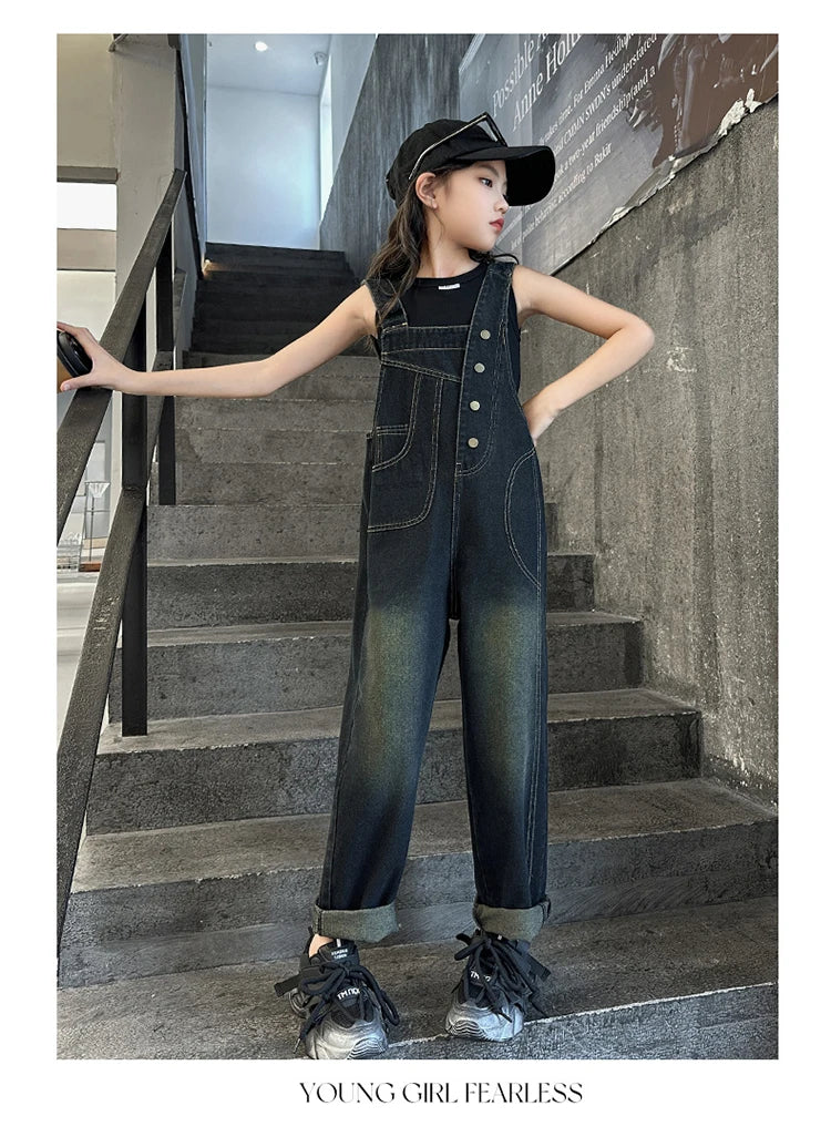 Elegant Children Jeans Jumpsuit with Broken Holes For Girls Fashion Overalls Streetwear Kids Denim Suspenders Pants With Strap