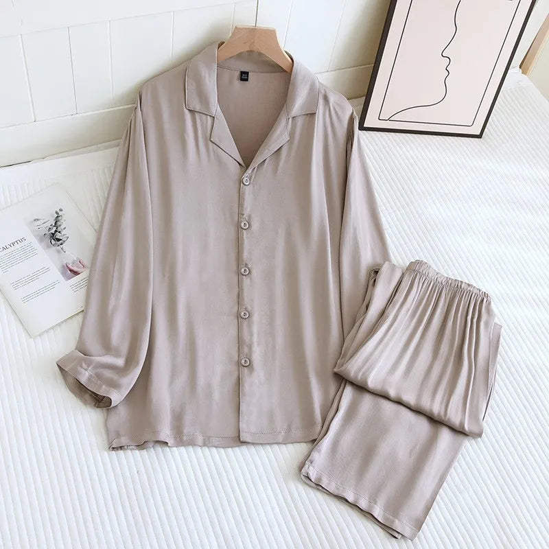 Men and Women's Cotton Silk Pajamas, Thin Satin Home Clothing, Long Sleeved Pants, Spring Pajama Sets, Pure Color, Couple, 2 Pcs