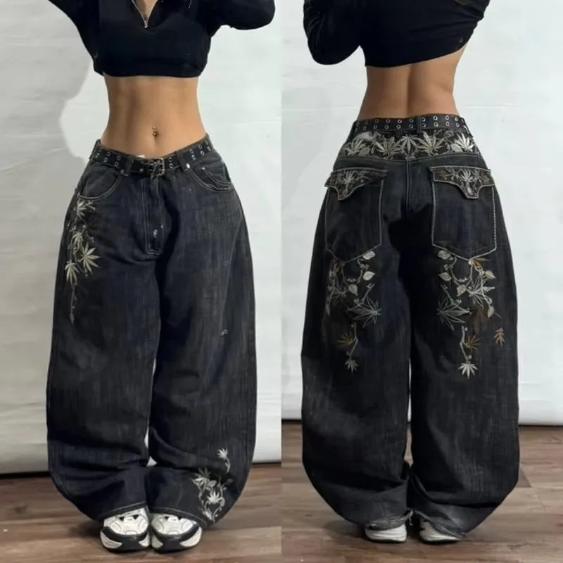 American New Fashion Geometric Pattern Embroidered Baggy Jeans Women Y2K Harajuku Vintage Hip-hop Popular Casual Wide-leg Pants