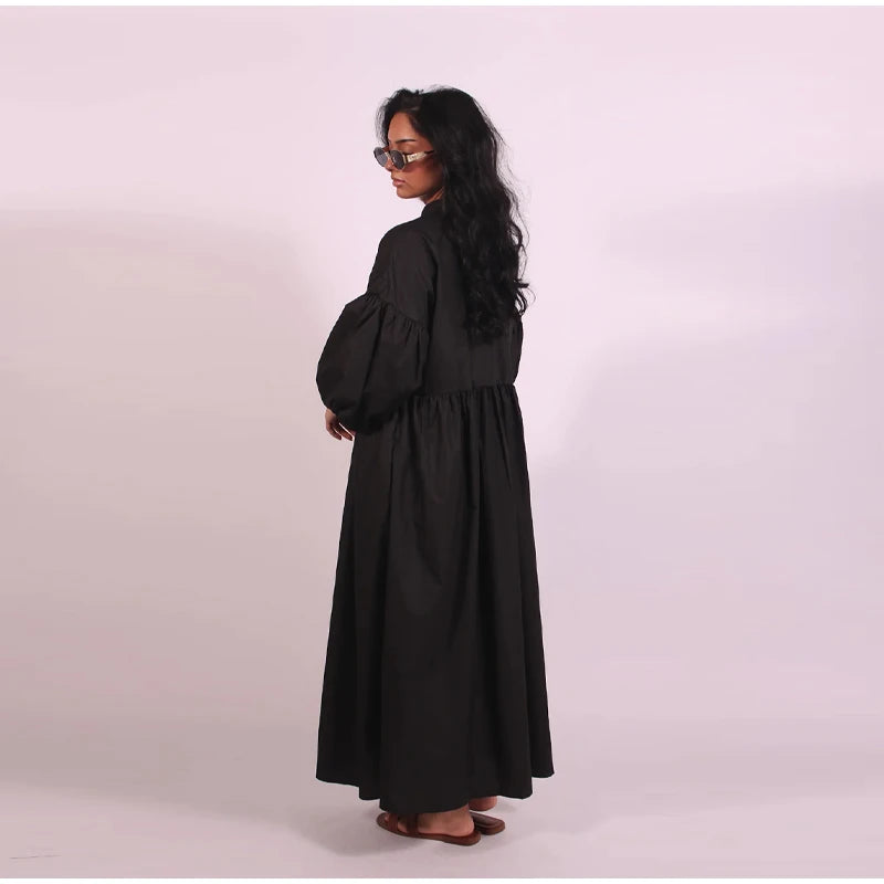 Solid Color Loose Fit Flare Sleeve Tiered Dress Crew Neck Ruffle Hem Pleated Long Maxi Dresses 2026 Spring Chic Casual Outwear