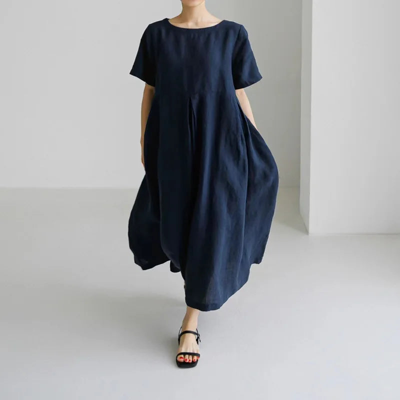 Oversized Loose Cotton Linen Dress Summer O-Neck Short Sleeve Pocket Harajuku Midi Party Dresses JYFS-0654