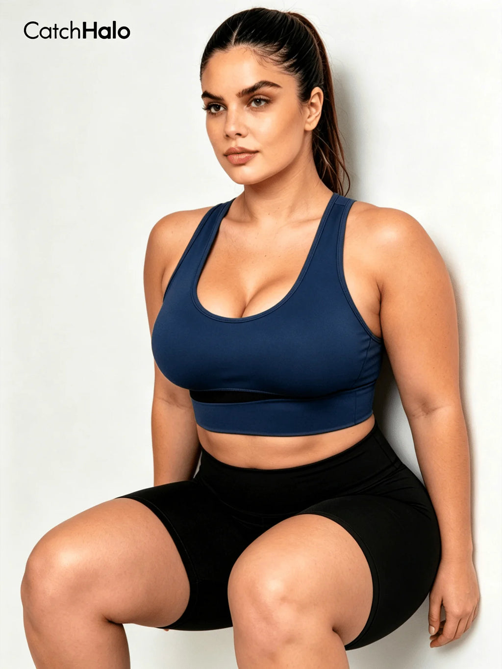 Cropped Plus Size Sports Bra Seamless Ribbed Racerback Bra for Pilates Daily Wear Gym Workout