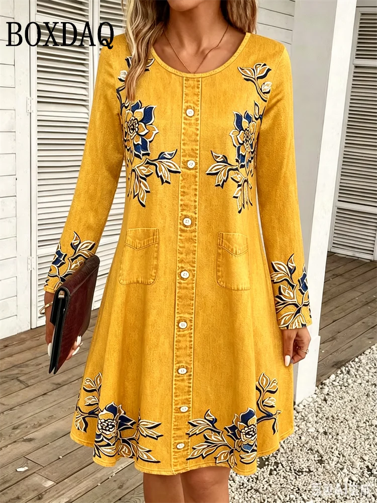2026 Women's Casual Floral Imitation Denim 3D Print Dress Fashion Round Neck Autumn Loose A-Line Dress Long Sleeve Women's Dress