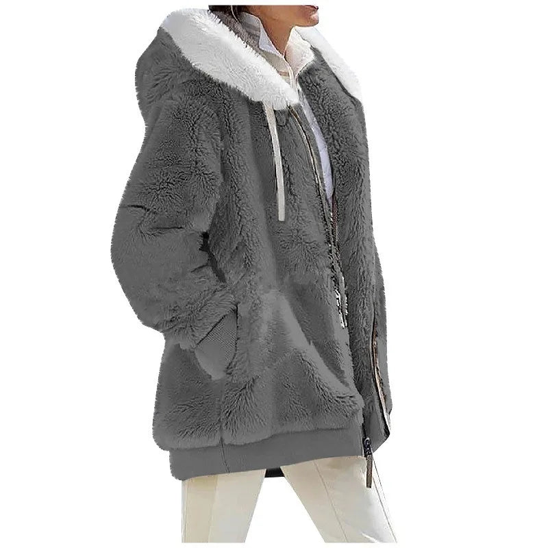 New Style Winter Fashion Women's Coat Casual Hooded Zipper Ladies Clothes Cashmere Women Fleece Jacket Solid Color Ladies Coats