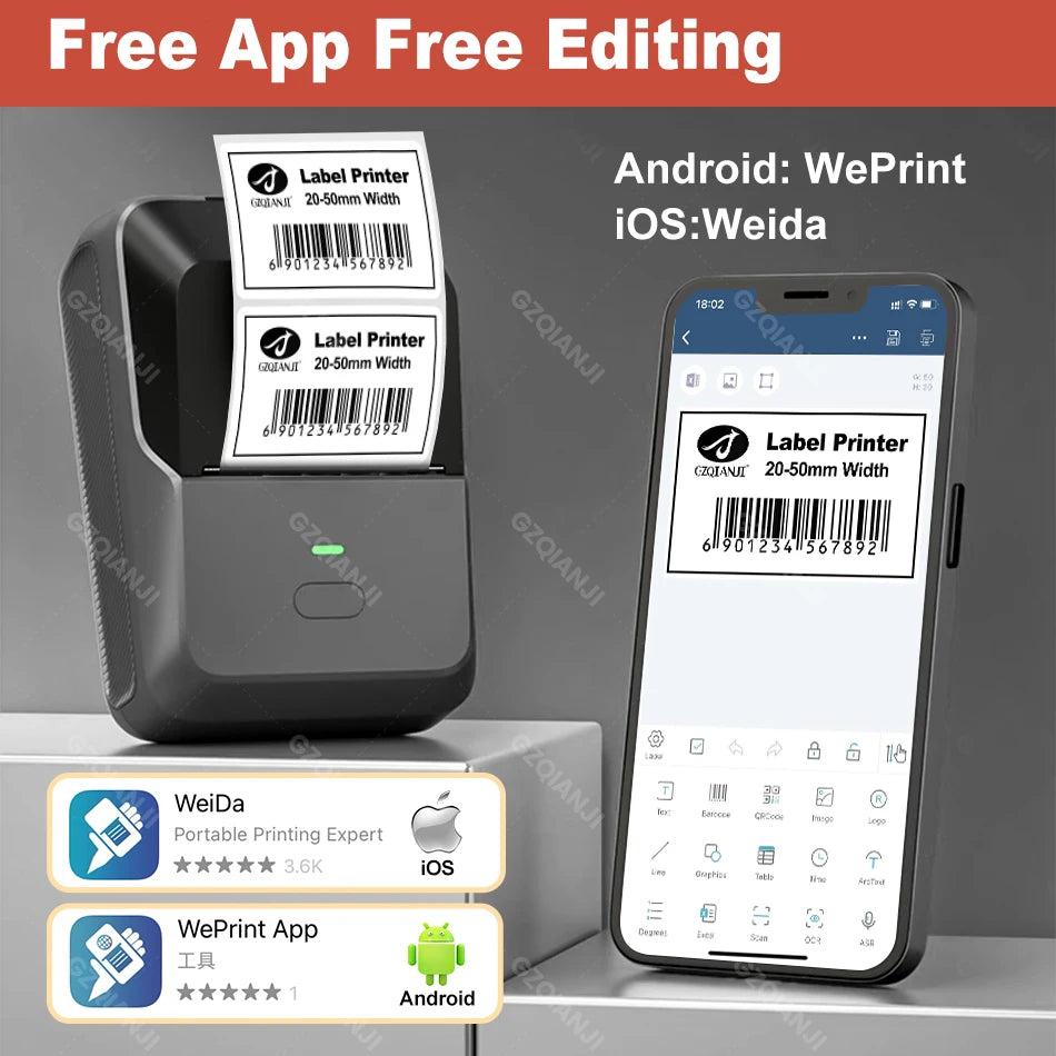 20-50mm Mini Thermal Label Printer 2 inch Barcode Sticker Normal Self-adhesive Paper Printing Pocket Labeling Machine Wireless