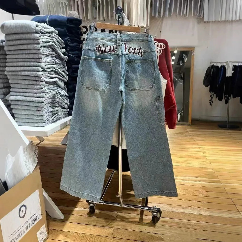American Vintage Distressed Jeans Women Summer High Waist Pockets Straight Denim Pants Streetwear Loose Retro Baggy Trousers Y2K