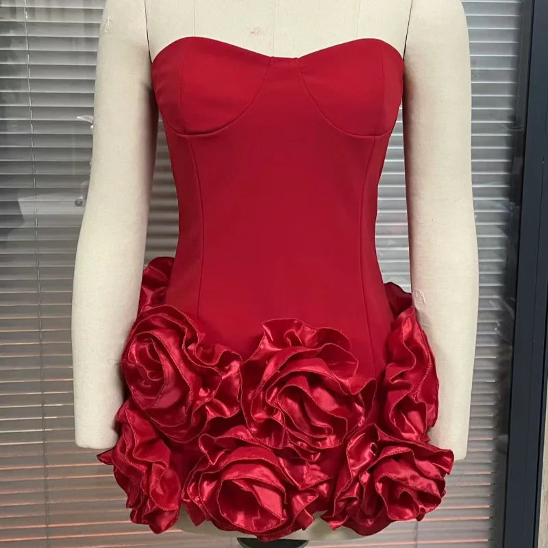 3D Flower Strapless Dresses Women Sexy Backless Sleeveless Tube Mini Dress 2026 Summer New Lady Elegant Bandage A-line Vestidos