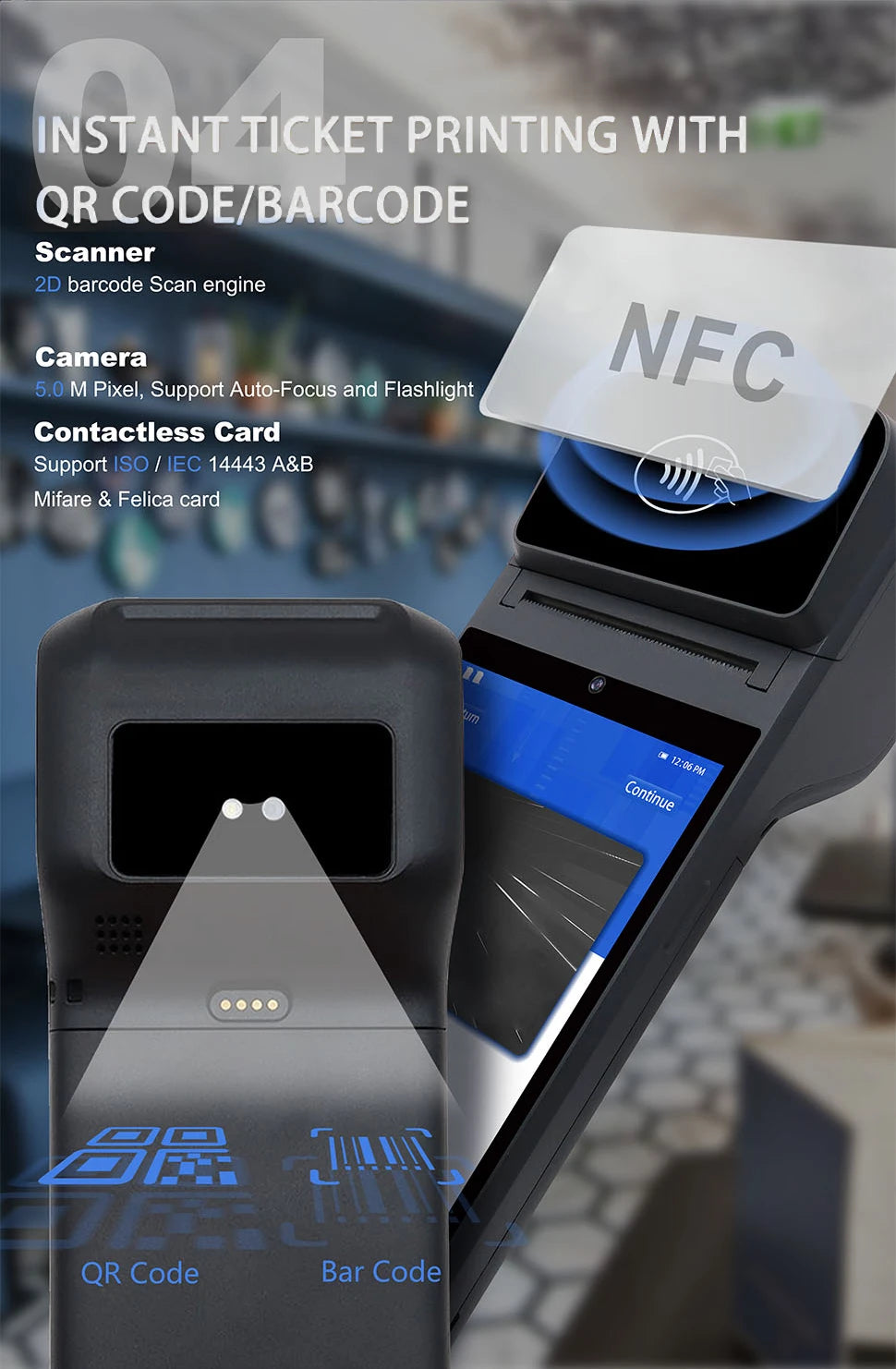 Mobile POS Terminal Android 13.0 Octa-core 2.3GHz 3GB RAM 32GB SSD Wi-Fi Bluetooth USB Thermal Printer Handheld Mobile POS