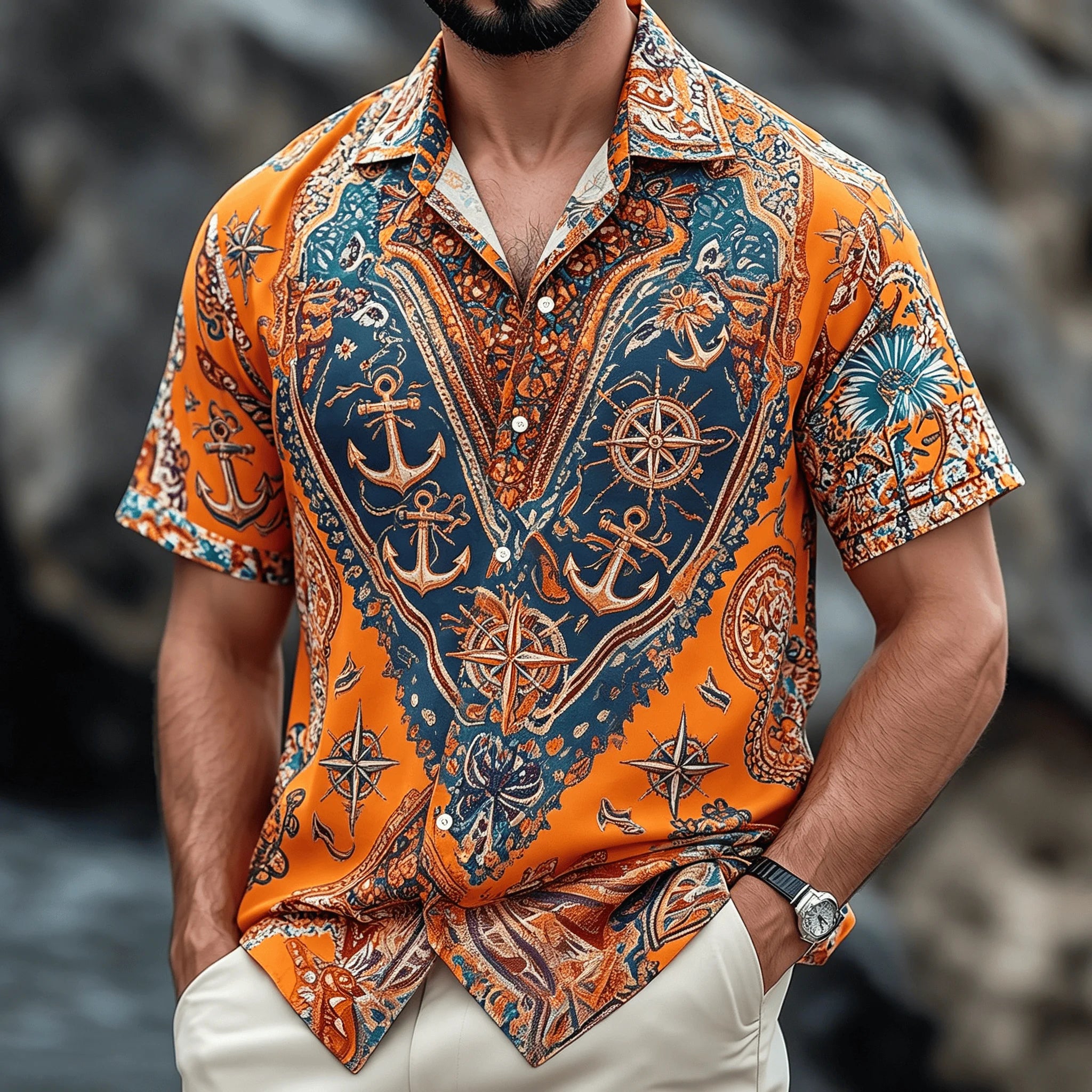 Men's Vintage Boho Paisley Print Short Sleeve Shirt, Retro Ethnic Button-Down Spring Summer Top