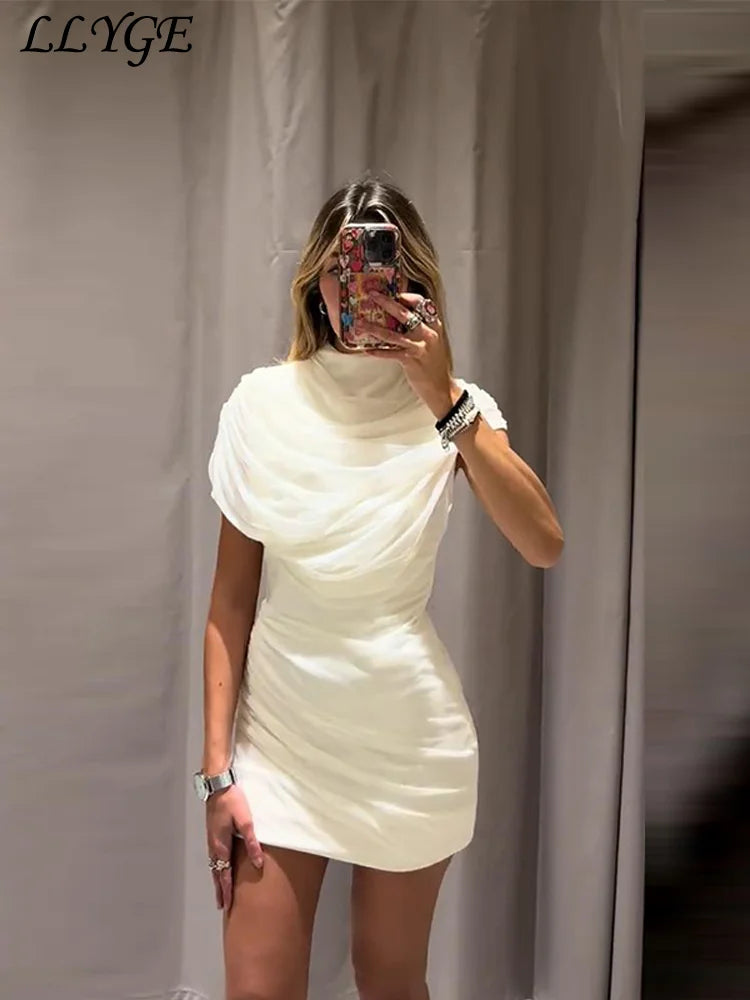 Elegant Mesh Shawl Short Dress Women Pleated Half High Collar Sleeveless Female Dresses 2026 Spring Lady Chic Party Gowns New