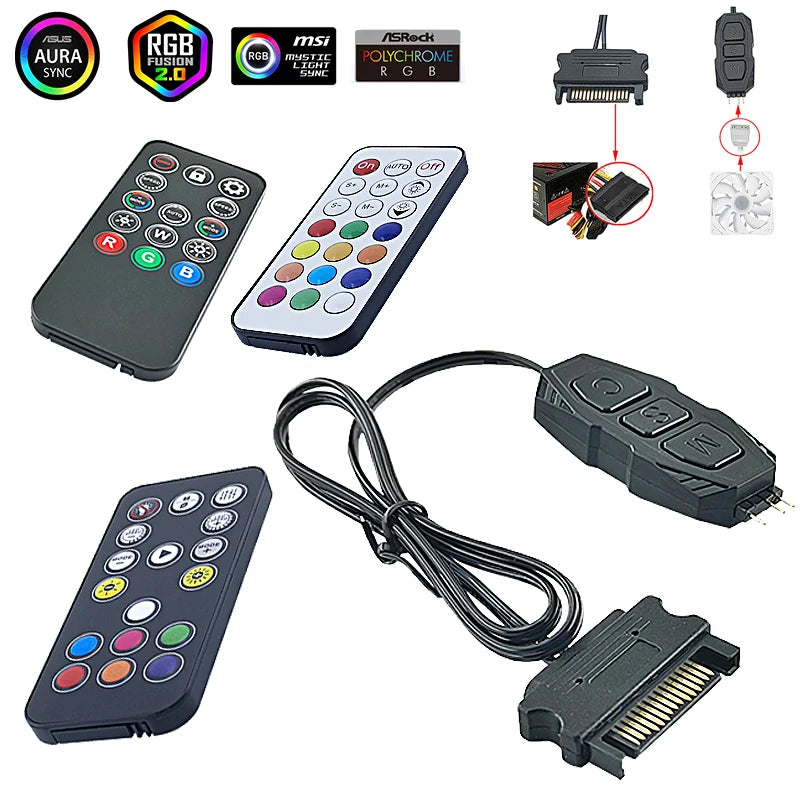 ARGB 5V 3Pin Controller To SATA RGB Remote Mini Controller HUB Adapter RGB Remote Controller for PC Fan Cooling Fan Light Strip