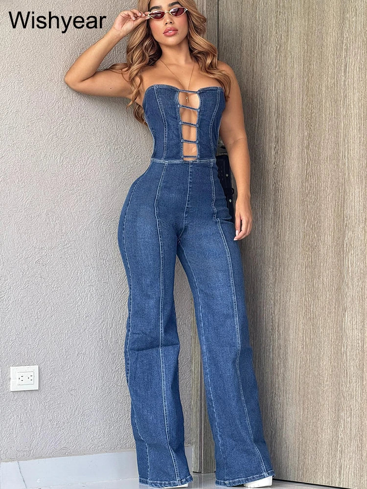 Sexy Off Shoulder Backless Denim Women's Jumpsuits High Waist Hollow Out Wide Leg Pants Jeans Bodysuit Summer Female Outwears
