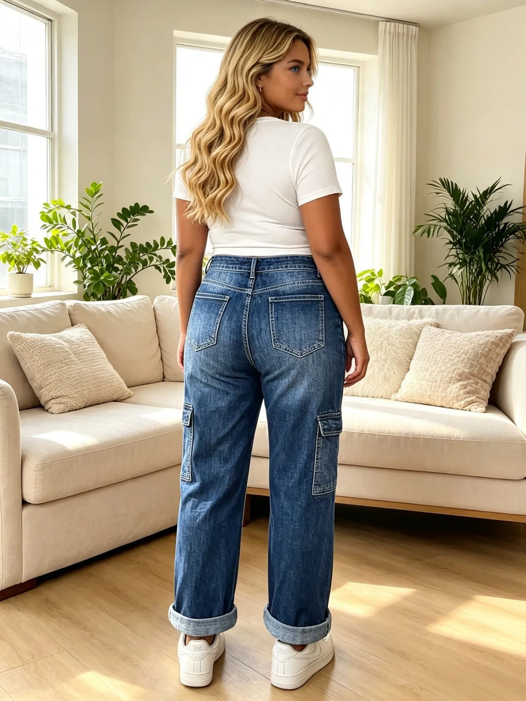 【HME】Jeans | Women Cargo Denim Pants With Side Flap Pockets, Mid‑High Waist Rolled Hem Wide Leg Denim Jeans, Dark Vintage Washed Relaxed Fit Pants For Street Daily Casual Wear