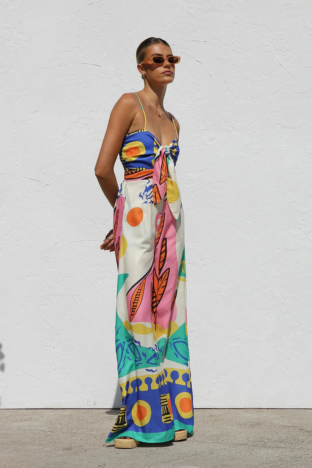 Spring Summer Print Spaghetti Strap Jumpsuits Women Fashion Sexy Hollow Out Leace-up High Waist Wide Legs Jumpsuit Bohemian New