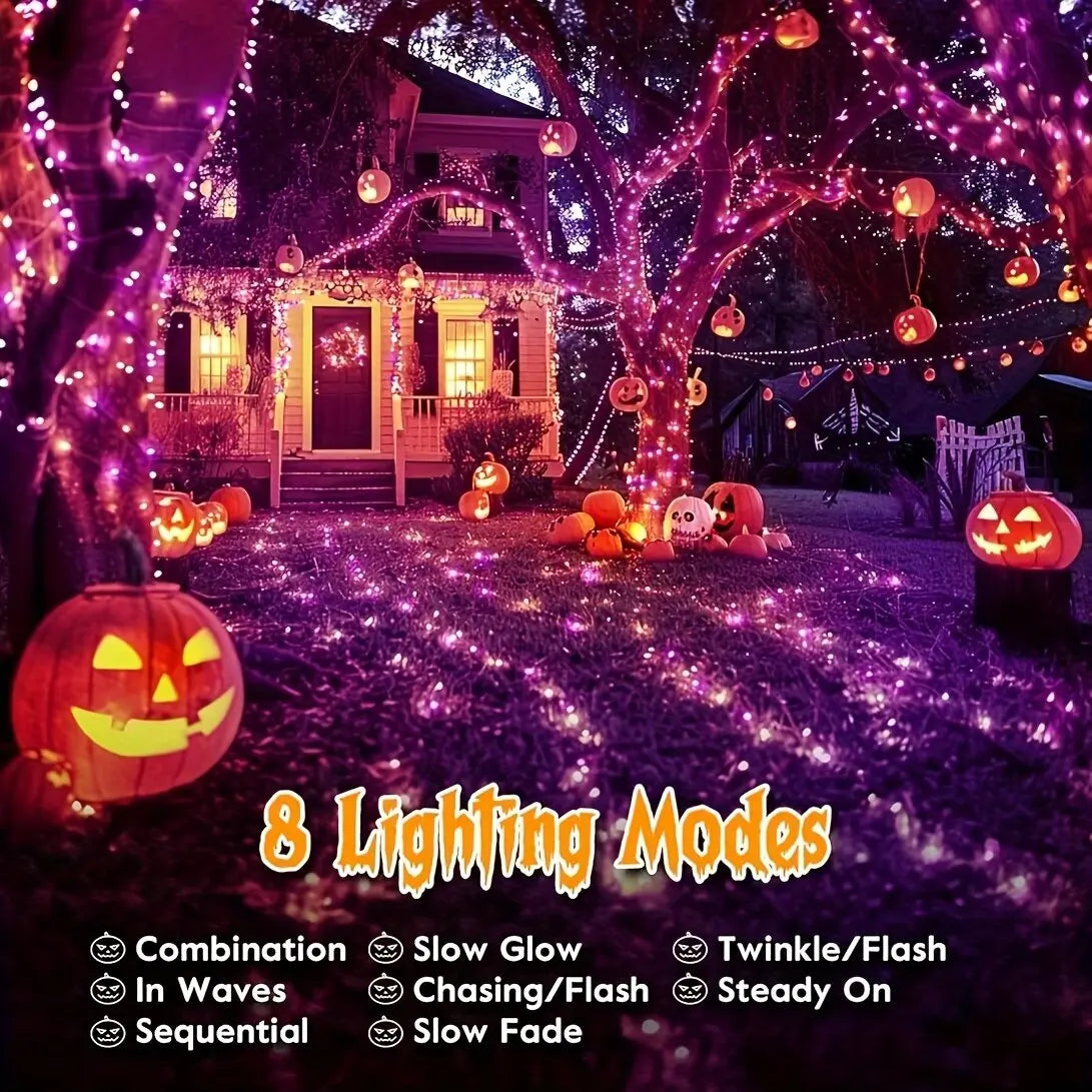 45.93ft 120LED Halloween Purple Orange LED Solar Fairy Lights Outdoor Waterproof Hanging Garden Light Fence Terrace Porch Decor