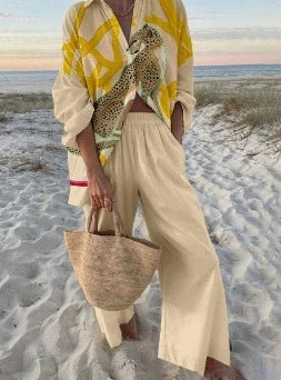 Women's Autumn Holiday Sets Outfits Fashion Print Long Sleeve Shirt Top+Wide Leg Pants 2 Pieces Set For Woman Boho Clothes New
