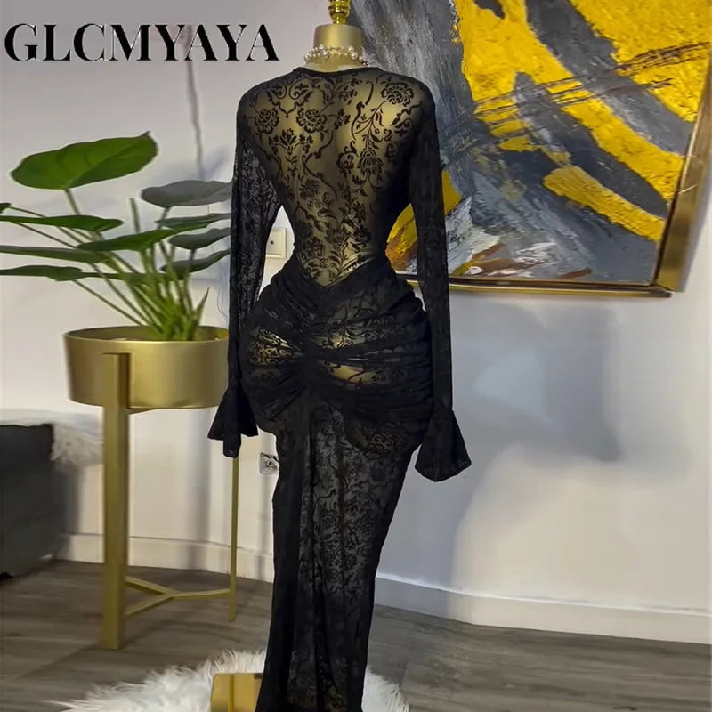 CM.YAYA Women Long Sleeve Ruched Mesh See Though with Lining Bodycon Long Dress 2025 Fall Evening Birthday Sexy Party Dresses