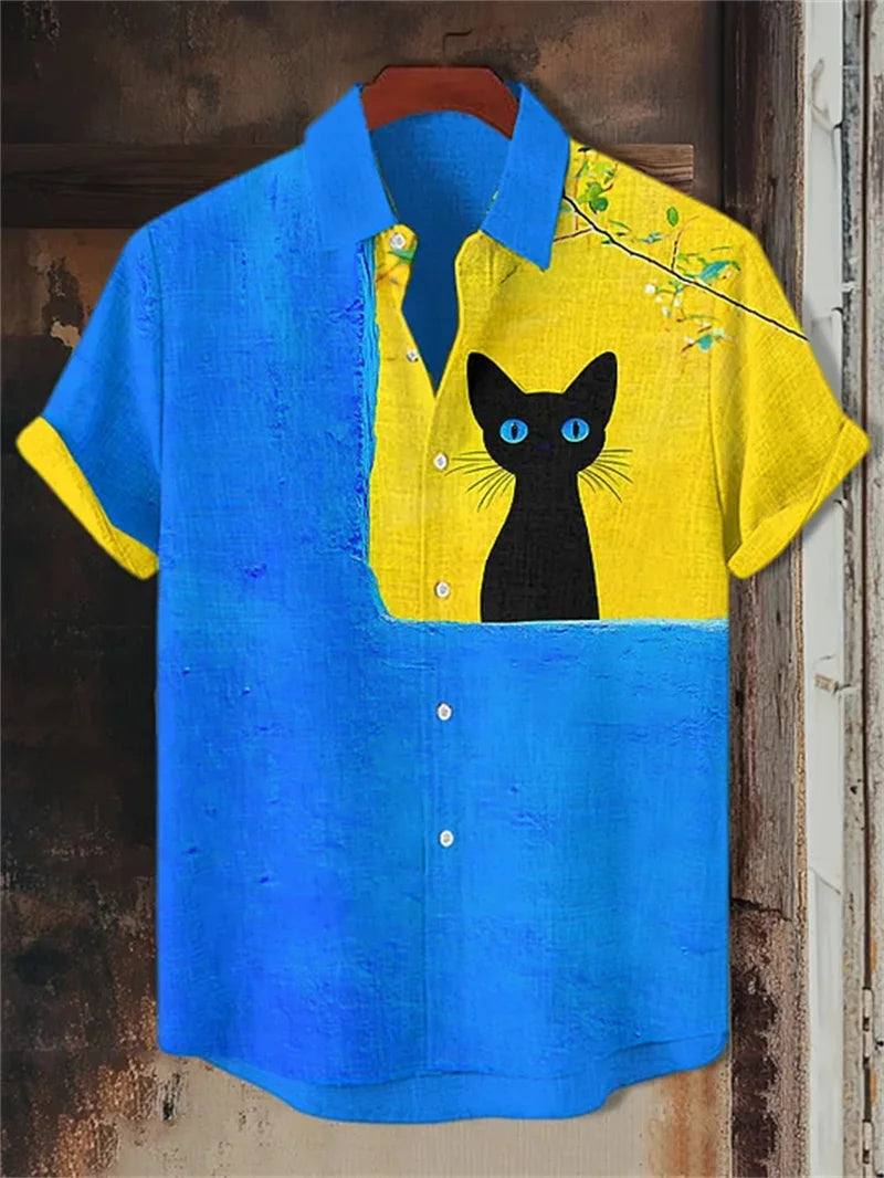 Hawaiian Linen Short Sleeved Shirt Men's Cat Print Short Sleeved Shirt Top with Collar for Casual Vacation Clothing Top