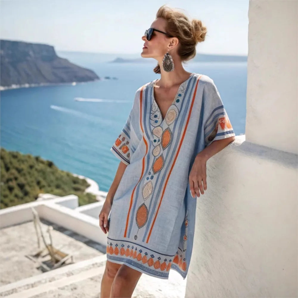 Fashion Retro Printed Short-sleeved Loose Women's Dress New Summer Style Deep V Neck Casual Seaside Vacation Female Dresses 2025
