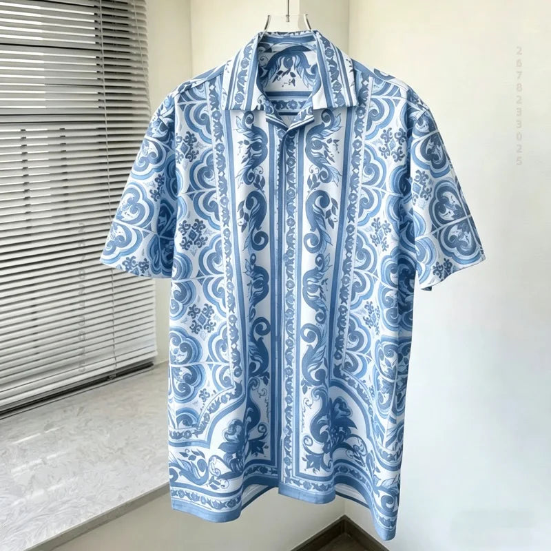 Men's shirts, summer Baroque printed shirts, loose oversized retro short sleeved shirts, vacation style versatile men's tops