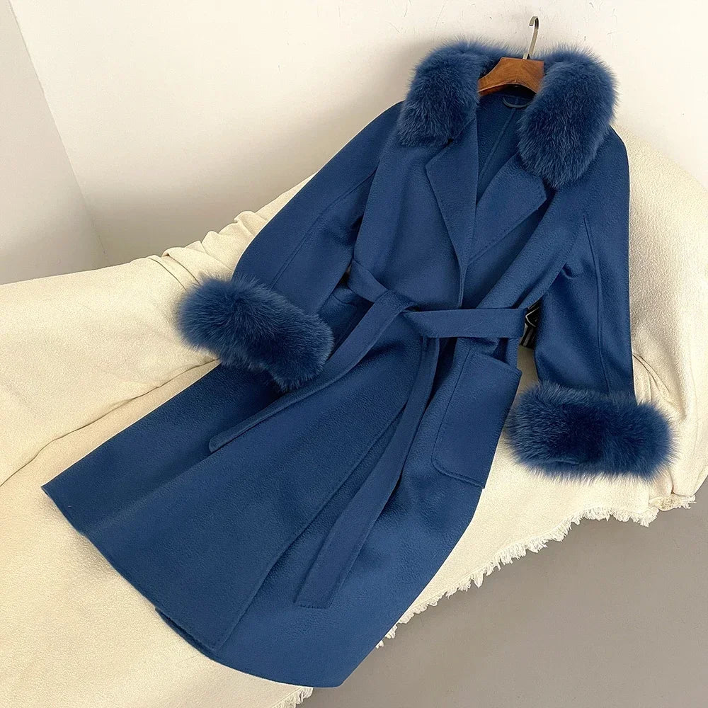 Fox Fur Coat for Women Wool Woolen Natural Real Fox Fur Collar Winter Jacket Ladies Belt Warm Outerwear Streetwear 2024
