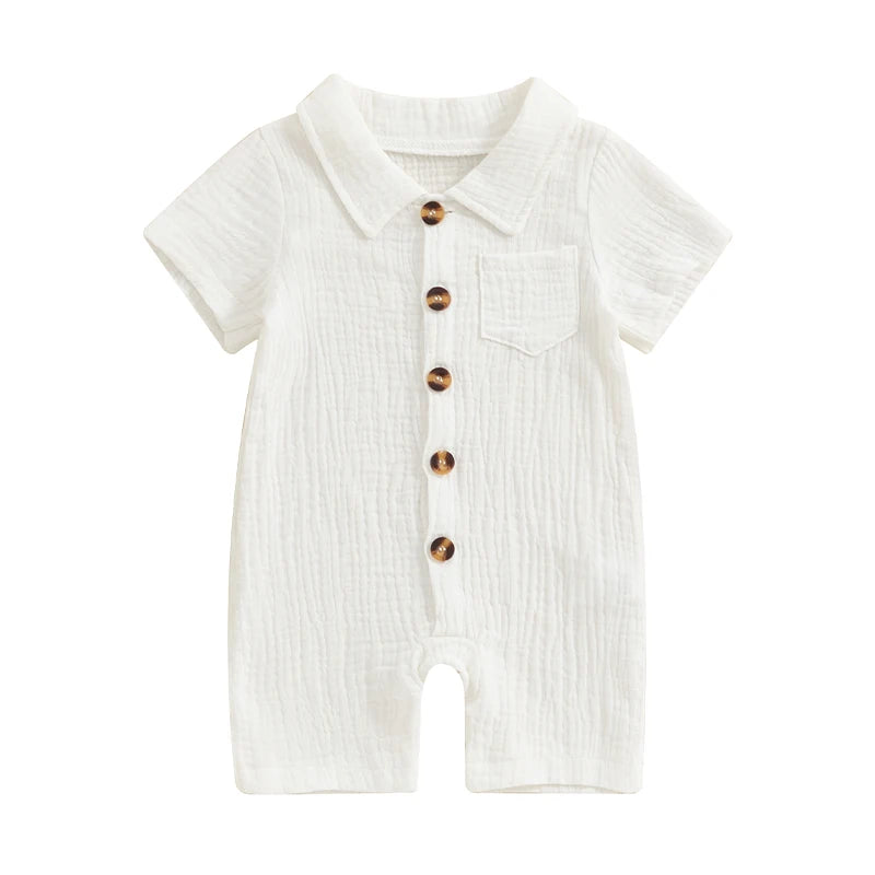 Summer Baby Clothing Newborn Infant Baby Boys Rompers Cotton Linen Solid Color Short Sleeve Lapel Jumpsuit Outfits