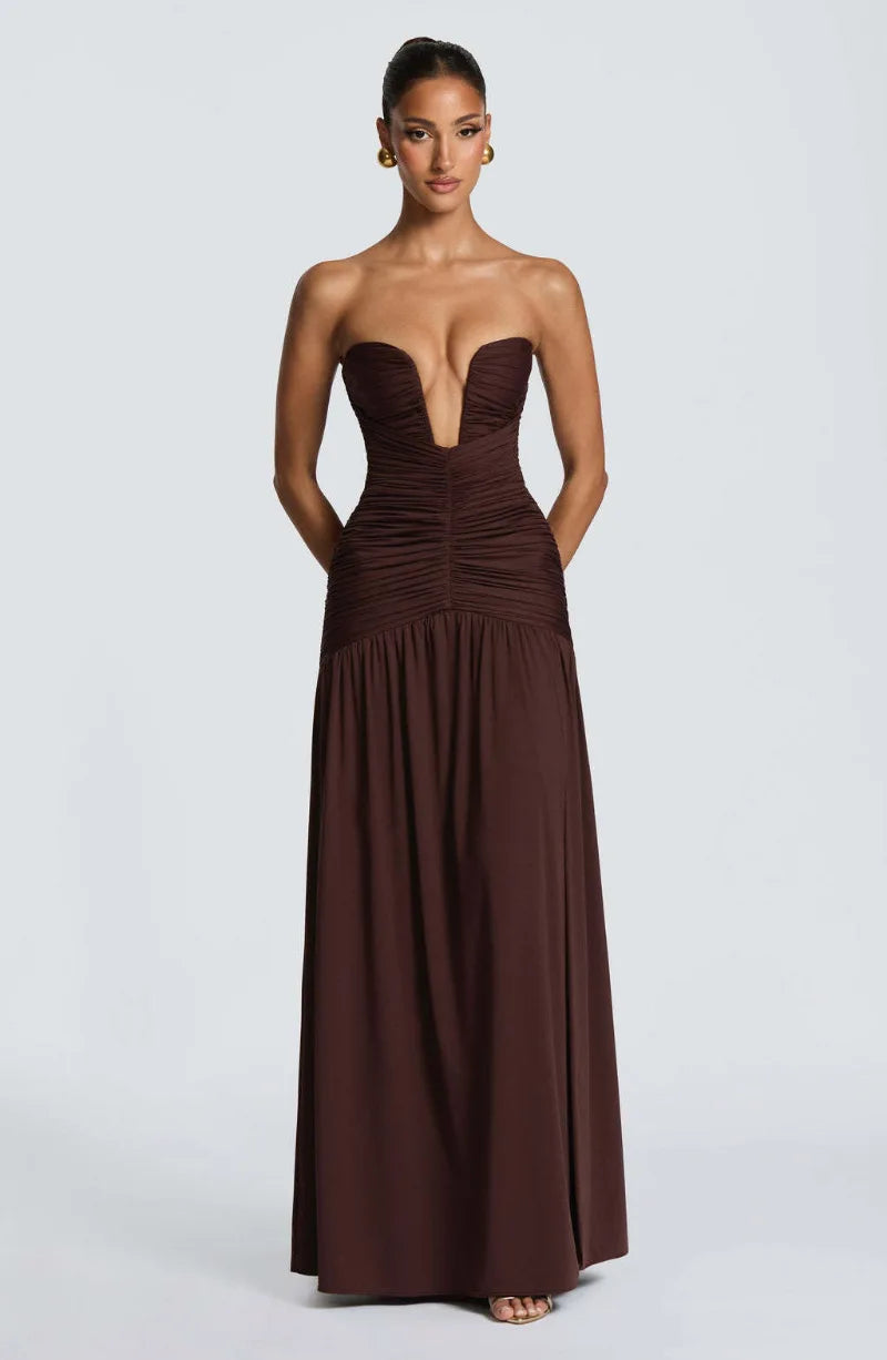 Women Elegant Deep V-neck Pleated Strapless Dress Chic Off-shoulder Backless Split Maxi Dresses 2026 Lady Evening Party Vestidos