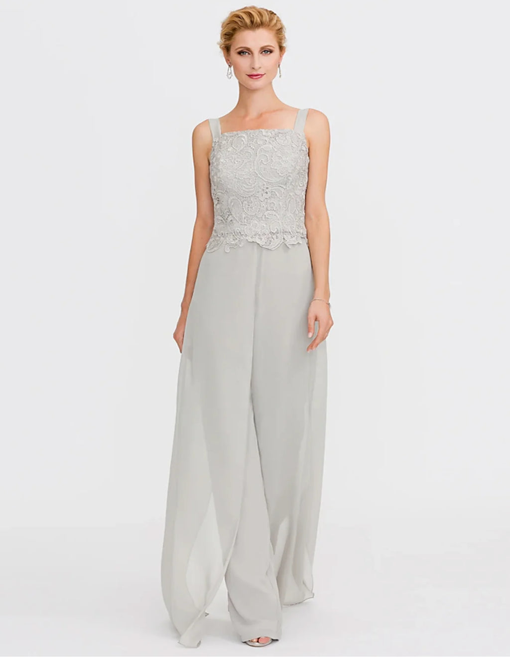 Pantsuit 3 Piece Mother of the Bride Dress Formal Fall Wedding Guest Dresses Square Neck Floor Length Chiffon Lace Wrap 2024