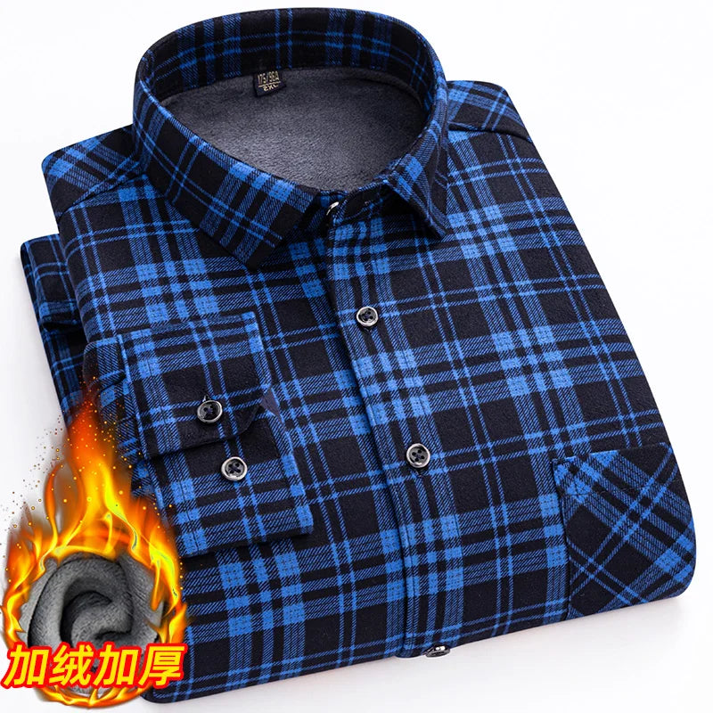 Men's long-sleeved shirts with added fleece and thickening are warm, casual in winter, skin-friendly, soft and cold-resistant
