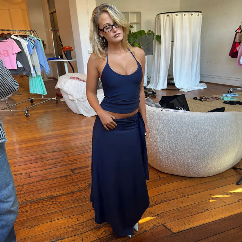 Hugcitar Fashion 2 Pcs Sets Halter Solid Backless Lace Up Sexy Crop Tank Top Ruched Maxi Skirt Women Outfit Beach Vacation Sport