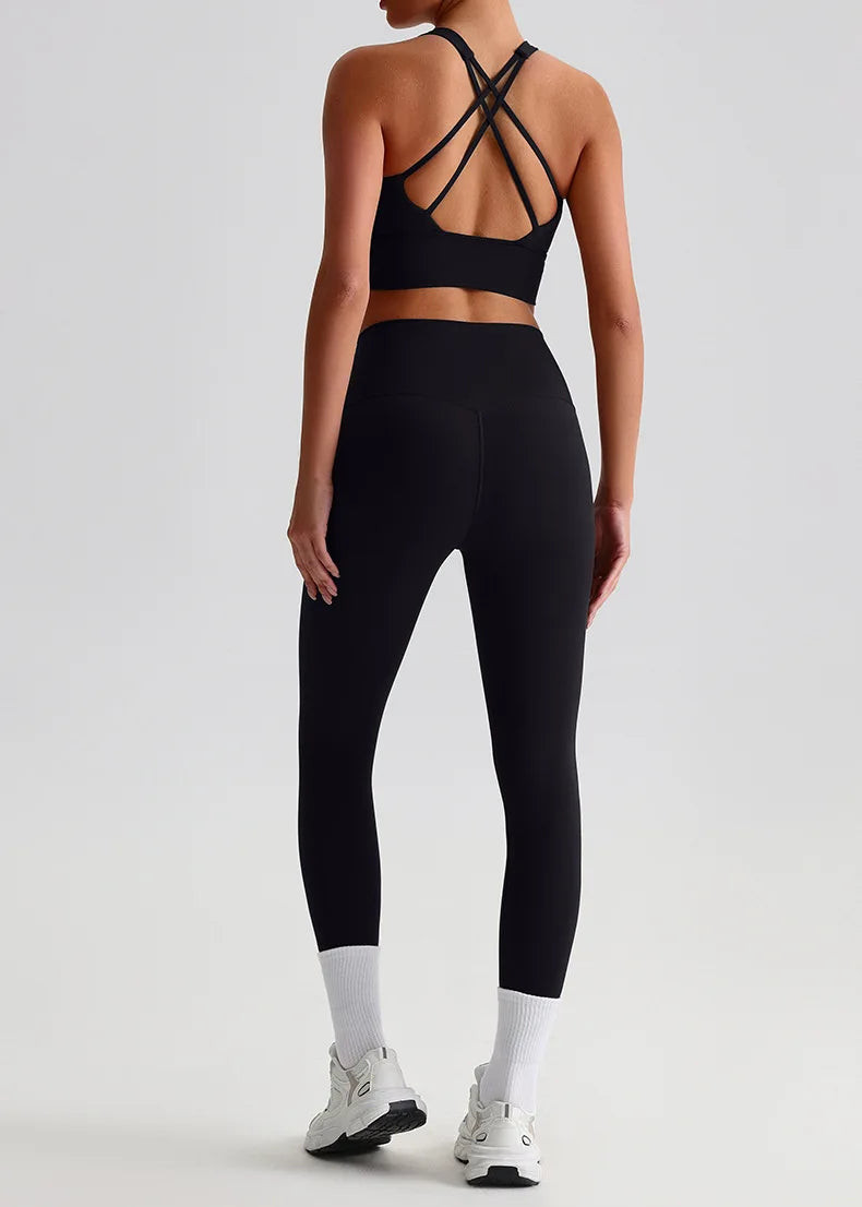 Naked Feel Yoga Set Women Fitness Sportswear 2 Piece Strappy Sports Bra High Waist Gym Leggings Workout Outfit Active Wear
