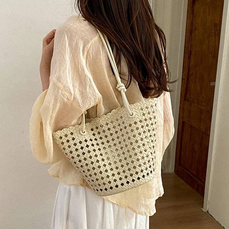 Hand-woven Openwork handBag With Zipper Inner Pocket,summer Pu Leather Beach Bucket Bags,large Capacity Simple Shopping handBag