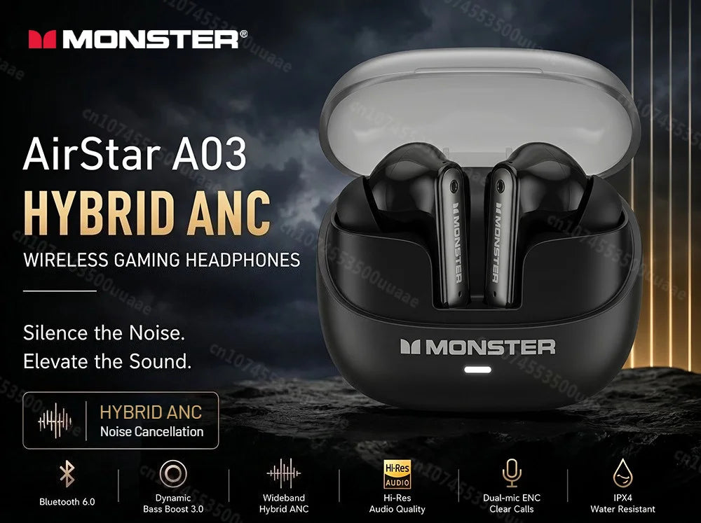 Monster A03 ANC Earbuds Bluetooth 6.0 Active Noise Cancelling Headphones Powerful Deep Bass Sport TWS Wireless Earphone with Mic