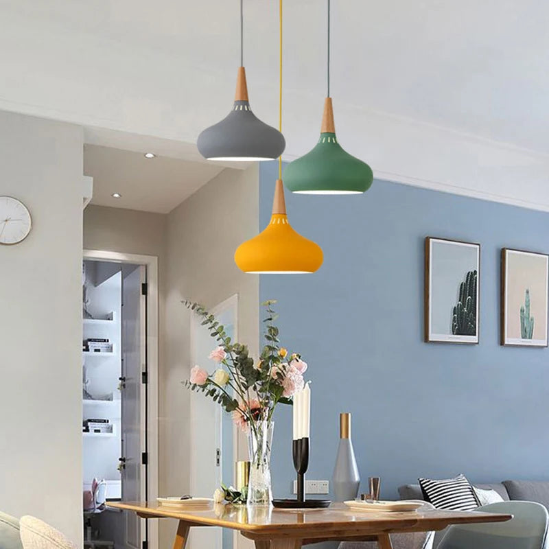 GEW Nordic Modern Funnel Pendant Light Wood Aluminum E27 Multi Color Hanging Lamp for Dining Kitchen Island Bedside