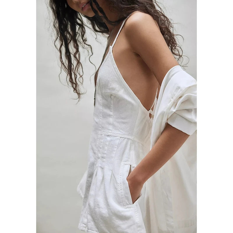 Women's Summer Y2K Retro V-Neck Denim Shorts Jumpsuits Cross Bow Tied Zip-up Backless Loose Wide Leg Flare Playsuit Cute Rompers