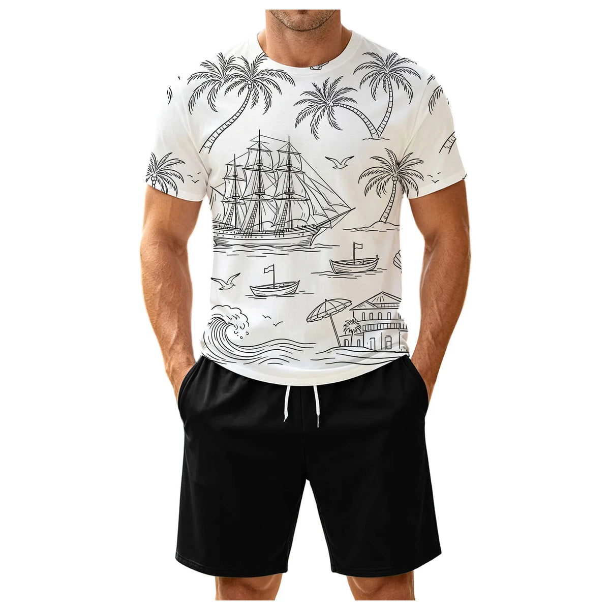 Men's Two Piece Set: Fun Printed Short Sleeved T Shirt And Belt Shorts Stylish And Simple Printed Set Tuxedo Suit Set for Men