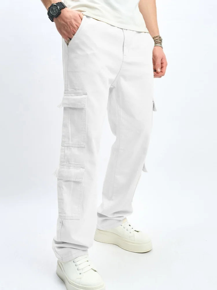 Mens Multiple Pockets Cargo Loose Jeans Streetwear Straight Casual Outdoor Trousers Male Clothing Fashion Denim Pants White