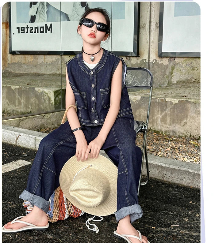 Summer teen Girls Denim Set 2024 Child Sleeveless Cowboy vest+Wide leg pants Two Piece junior kid jeans suit child outfits 10 12