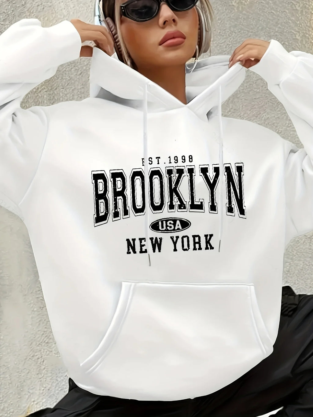 Lady's letter-printed drawstring hooded sweatshirt with long sleeves and pocket featuring geometric patterns regular fit clothes