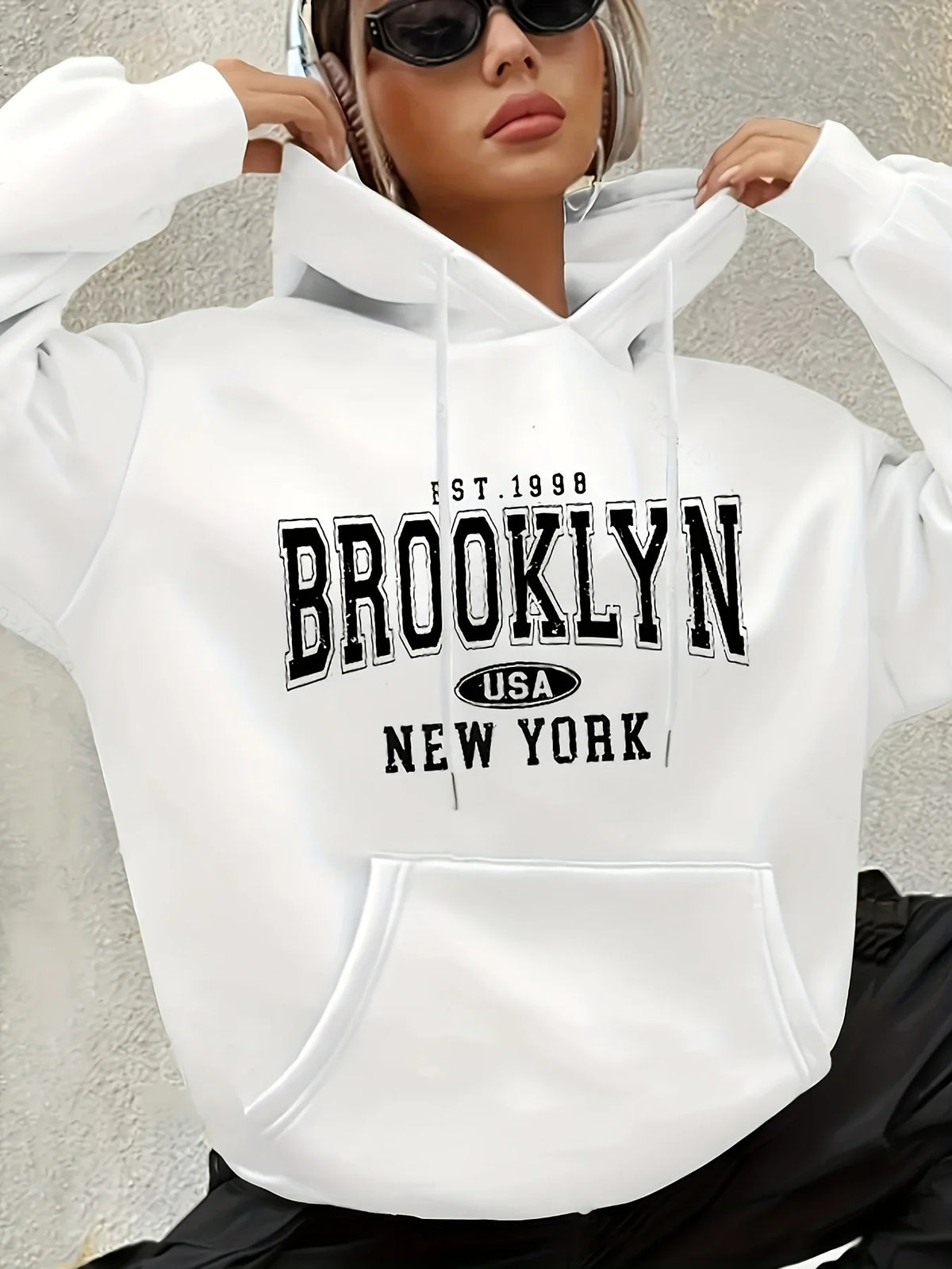 Lady's letter-printed drawstring hooded sweatshirt with long sleeves and pocket featuring geometric patterns regular fit clothes
