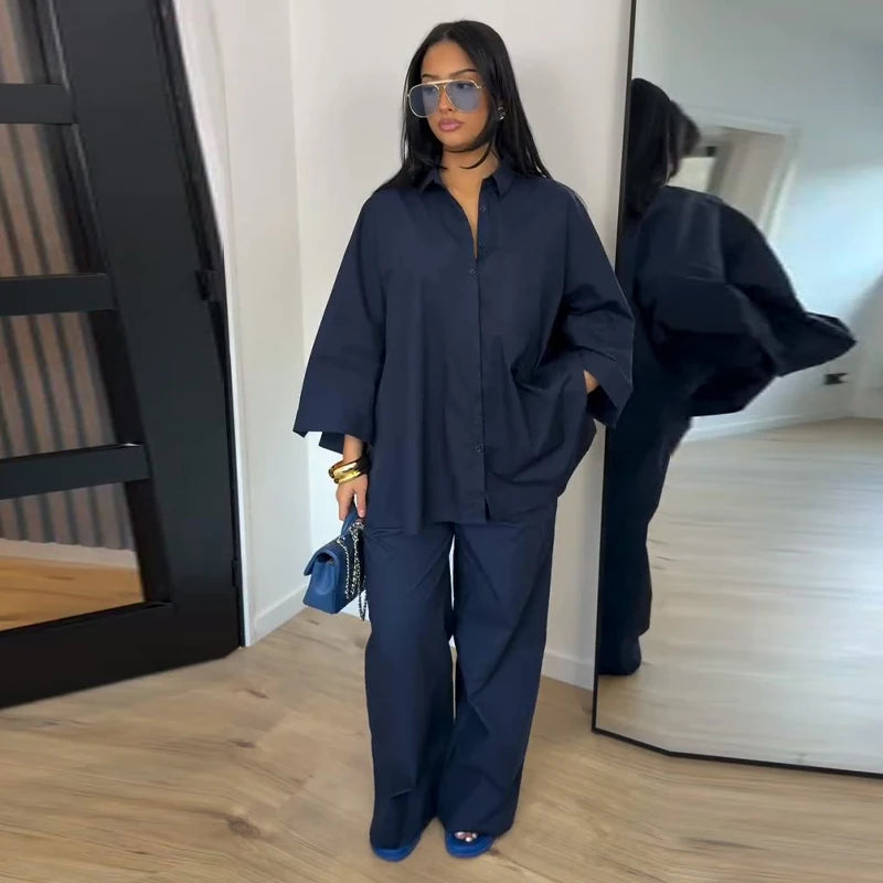 Loose Striped Contrast Wide Leg Pants Set Women Oversized Lapel Single Breasted Shirt Trousers 2026 Summer Lady Casual Outfits