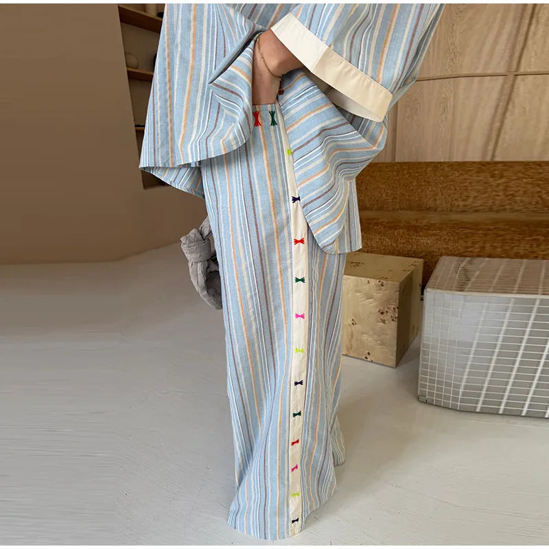 Loose Striped Contrast Wide Leg Pants Set Women Oversized Lapel Single Breasted Shirt Trousers 2026 Summer Lady Casual Outfits