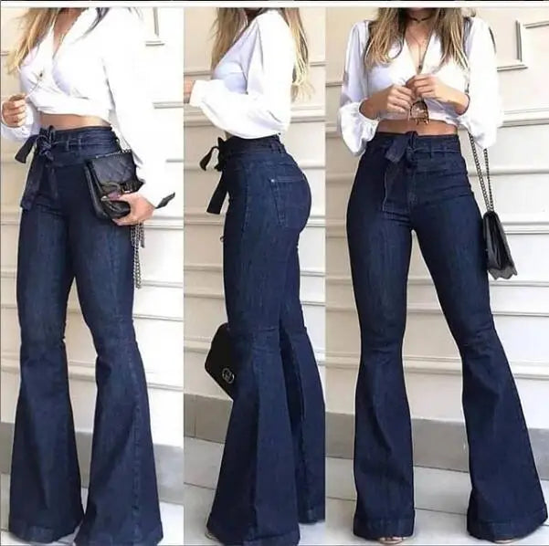 Jeans Women's 2023 Summer and Autumn New Versatile Casual Lace up High Waist Micro Elastic Flare Pants Wide Leg Pants