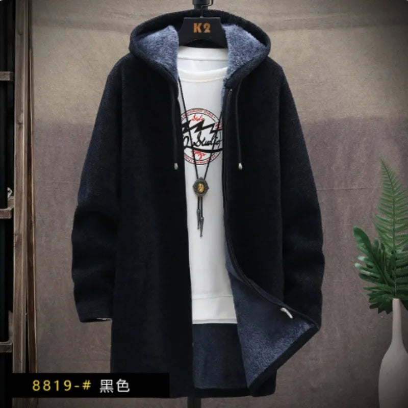 Mens Long Knit Cardigan Autumn Winter Sweater Coat Fleece Heavy Hooded Trench Coat Solid Chenille Men's Fashion Jacket