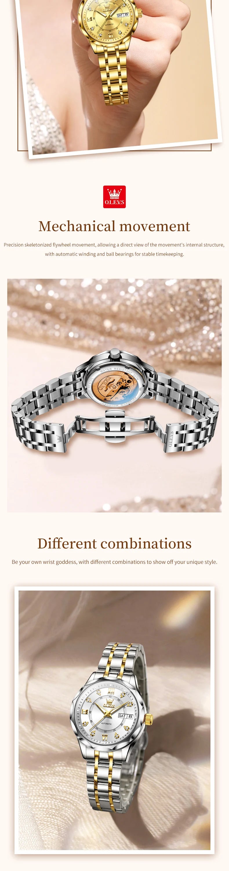 OLEVS 6727 Women's Watches Elegant Fashion Original Automatic Mechanical Watch for Lady Grey Double Scale Dial Waterproof Date
